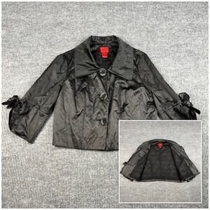 Vtg Y2K Black Satin Jacket Womens M Crop Bow Sleeve Lace Lined Twee Whimsigot